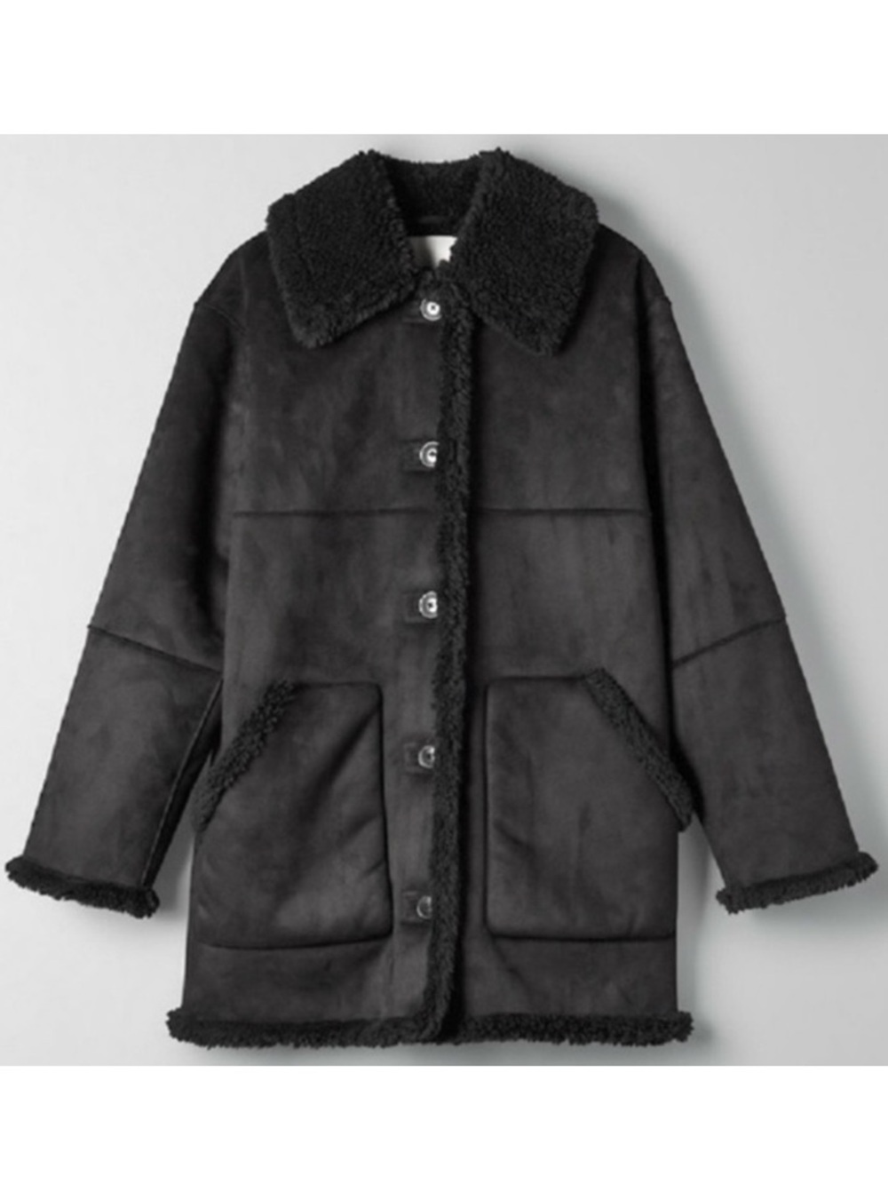Wilfred Free Aritzia Catrina Sherpa Button Front Black Coat Jacket Suede Sz XXS